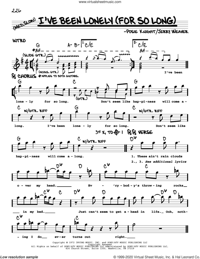 I've Been Lonely (For So Long) sheet music for voice and other instruments (real book) by Frederick Knight, Jerry Weaver and Posie Knight, intermediate skill level
