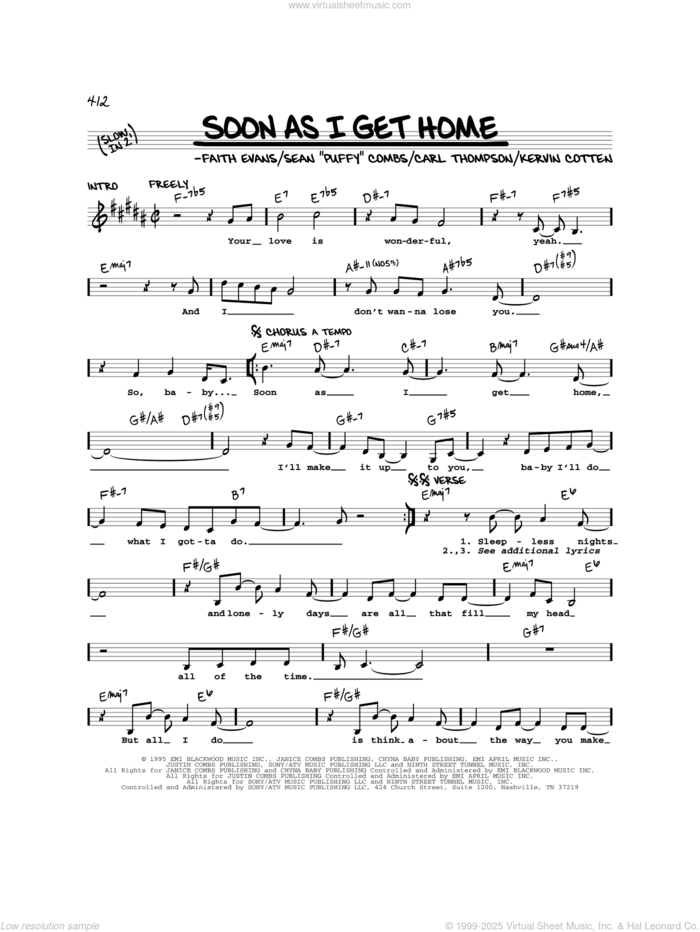 Soon As I Get Home sheet music for voice and other instruments (real book) by Faith Evans, Carl Thompson, Kervin Cotten and Sean 'Puffy' Combs, intermediate skill level