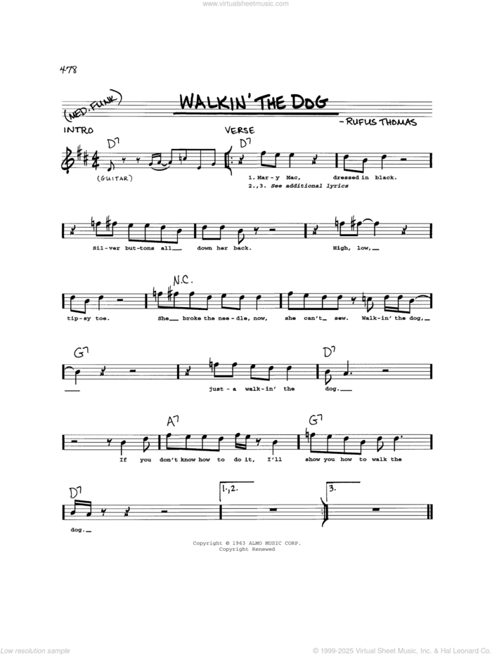 Walkin' The Dog sheet music for voice and other instruments (real book) by Rufus Thomas, intermediate skill level