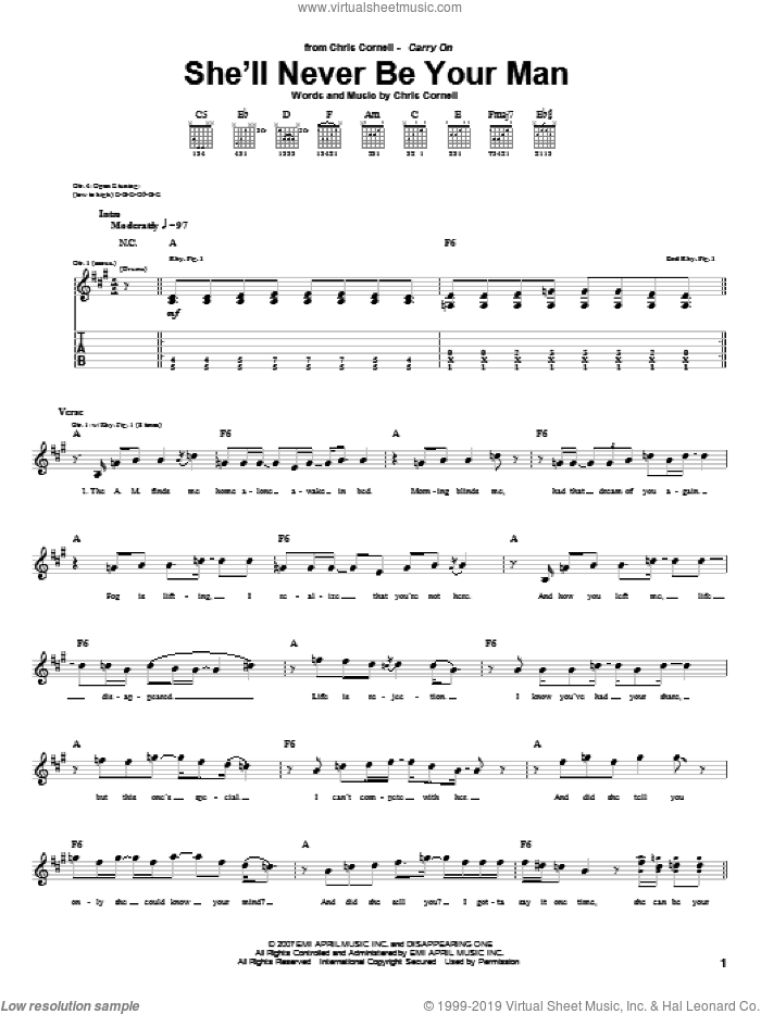 She'll Never Be Your Man sheet music for guitar (tablature) by Chris Cornell, intermediate skill level
