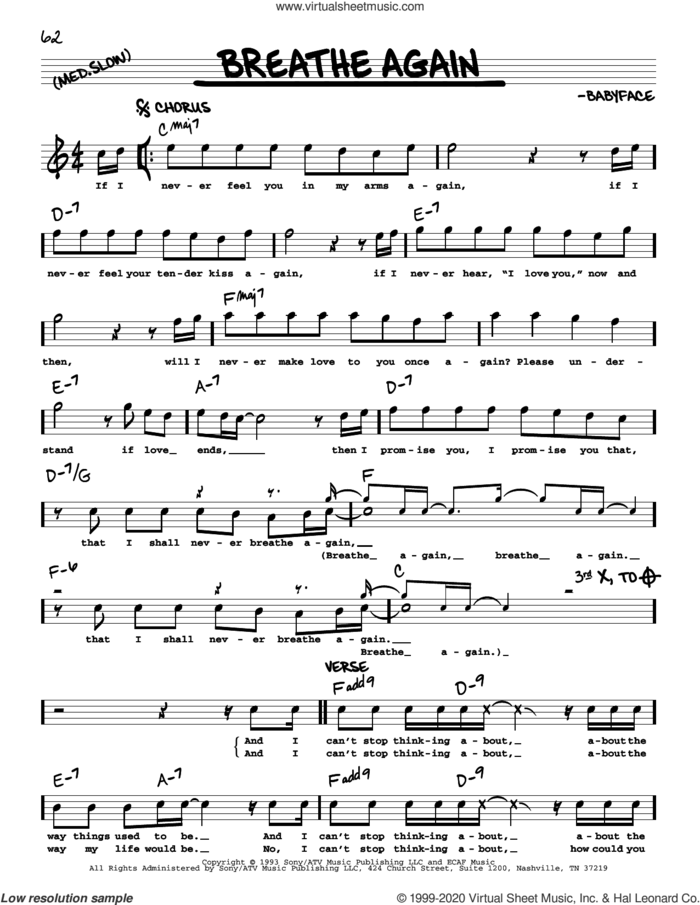 Breathe Again sheet music for voice and other instruments (real book) by Toni Braxton and Babyface, intermediate skill level