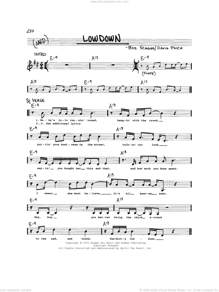 Lowdown sheet music for voice and other instruments (real book) by Boz Scaggs and David Paich, intermediate skill level