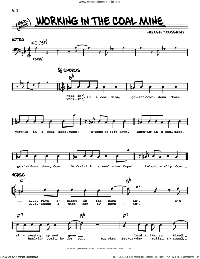 Working In The Coal Mine sheet music for voice and other instruments (real book) by Lee Dorsey, Devo and Allen Toussaint, intermediate skill level