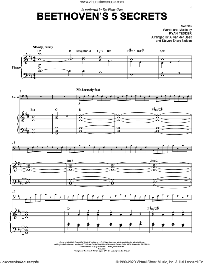 Beethoven's 5 Secrets sheet music for cello and piano by The Piano Guys, Al van der Beek, Steven Sharp Nelson, Ludwig van Beethoven and Ryan Tedder, classical score, intermediate skill level
