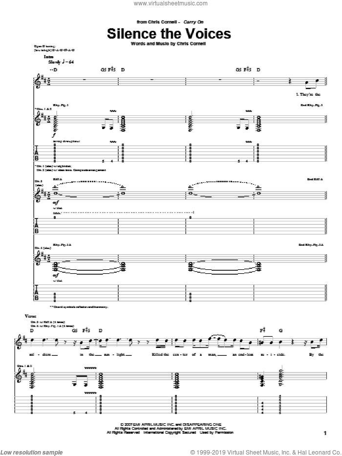 Silence The Voices sheet music for guitar (tablature) by Chris Cornell, intermediate skill level