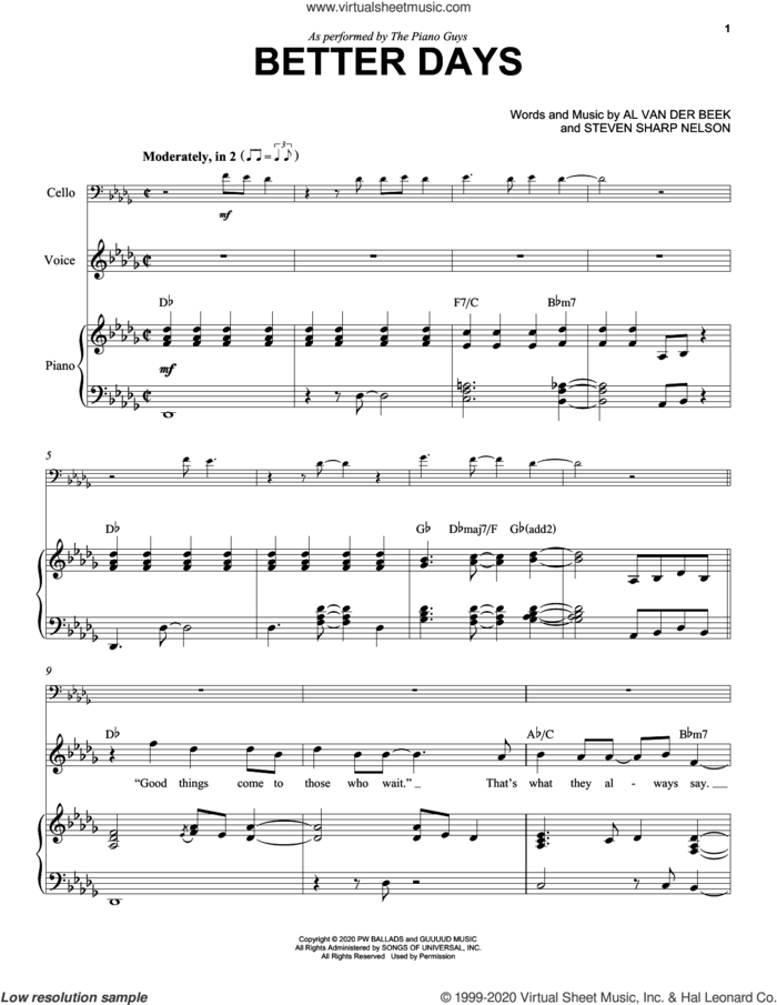 Better Days sheet music for cello and piano by The Piano Guys, Al van der Beek and Steven Sharp Nelson, intermediate skill level