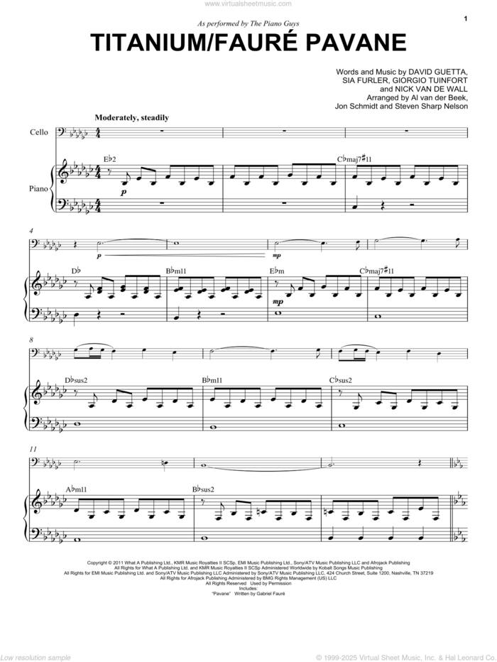 Titanium/Faure Pavane sheet music for cello and piano by The Piano Guys, Al van der Beek, Jon Schmidt, Steven Sharp Nelson, David Guetta, Giorgio Tuinfort, Nick van de Wall and Sia Furler, classical score, intermediate skill level