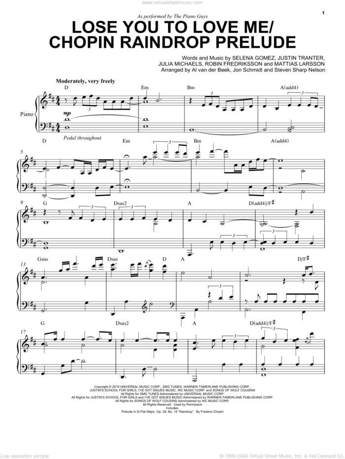 Lose You To Love Me/Chopin Raindrop Prelude sheet music for piano solo by The Piano Guys, Al van der Beek, Jon Schmidt, Steven Sharp Nelson, Frederic Chopin, Julia Michaels, Justin Tranter, Mattias Larsson, Robin Fredriksson and Selena Gomez, classical score, intermediate skill level