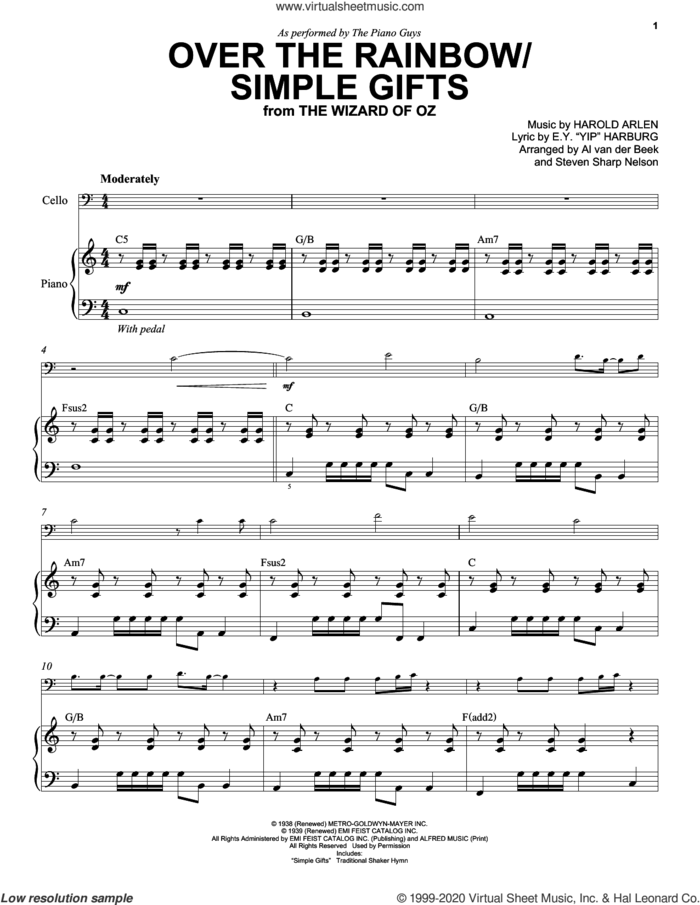 Over The Rainbow/Simple Gifts (from The Wizard Of Oz) sheet music for cello and piano by The Piano Guys, Al van der Beek, Steven Sharp Nelson, E.Y. Harburg and Harold Arlen, intermediate skill level