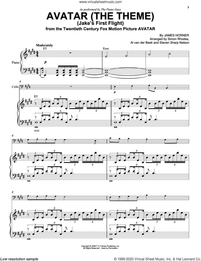 Avatar (The Theme) (Jake's First Flight) sheet music for cello and piano by The Piano Guys, Al van der Beek, Simon Rhodes, Steven Sharp Nelson and James Horner, intermediate skill level