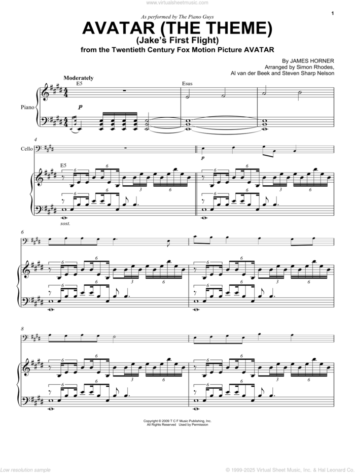 Avatar (The Theme) (Jake's First Flight) sheet music for cello and piano by The Piano Guys, Al van der Beek, Simon Rhodes, Steven Sharp Nelson and James Horner, intermediate skill level