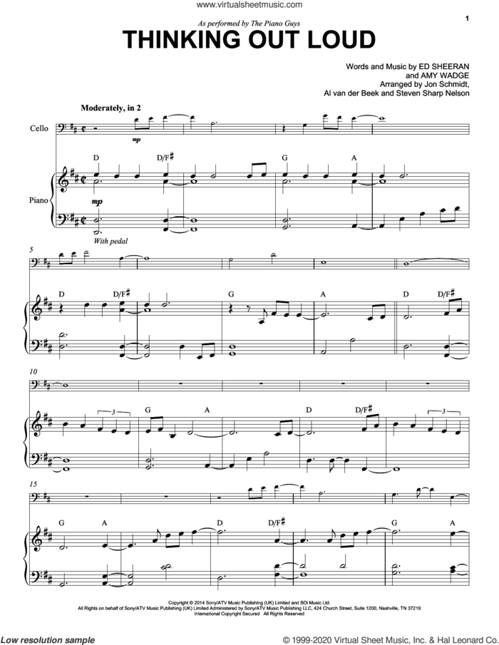 Thinking Out Loud sheet music for cello and piano by The Piano Guys, Al van der Beek, Jon Schmidt, Steven Sharp Nelson, Amy Wadge and Ed Sheeran, wedding score, intermediate skill level