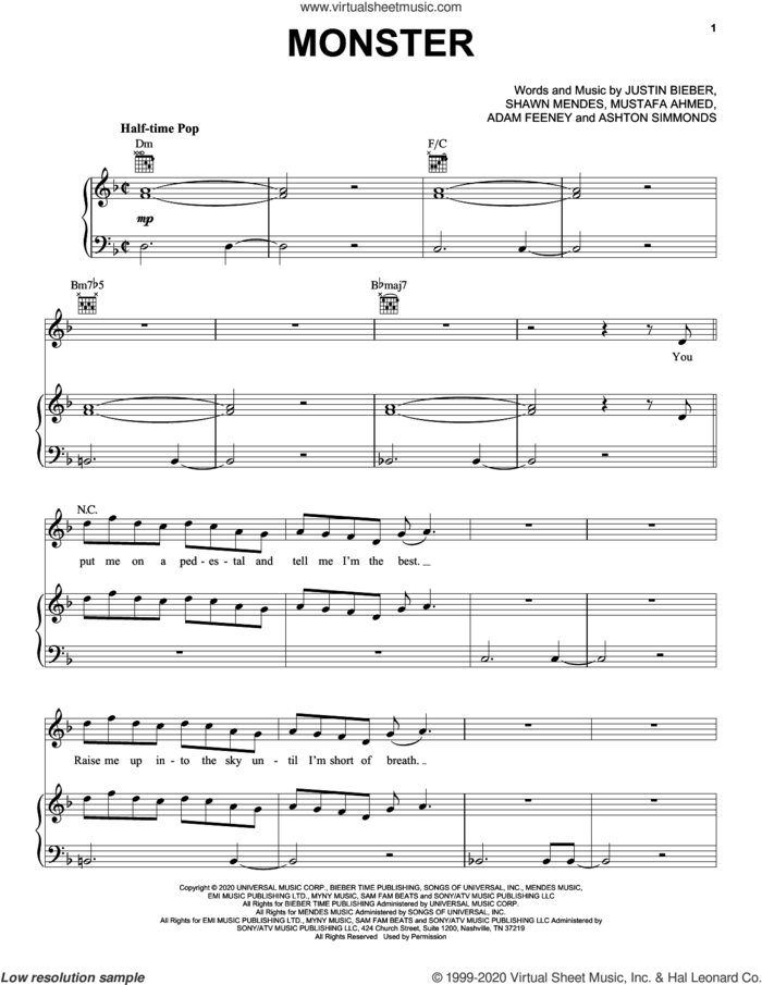 Monster sheet music for voice, piano or guitar by Shawn Mendes & Justin Bieber, Adam Feeney, Ashton Simmonds, Justin Bieber, Mustafa Ahmed and Shawn Mendes, intermediate skill level