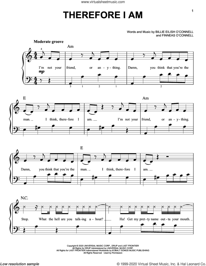 Therefore I Am sheet music for piano solo by Billie Eilish, easy skill level