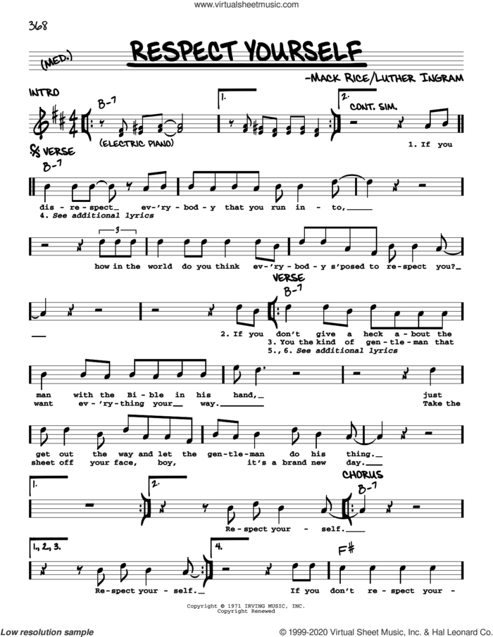 Respect Yourself sheet music for voice and other instruments (real book) by The Staple Singers, Luther Ingram and Mack Rice, intermediate skill level