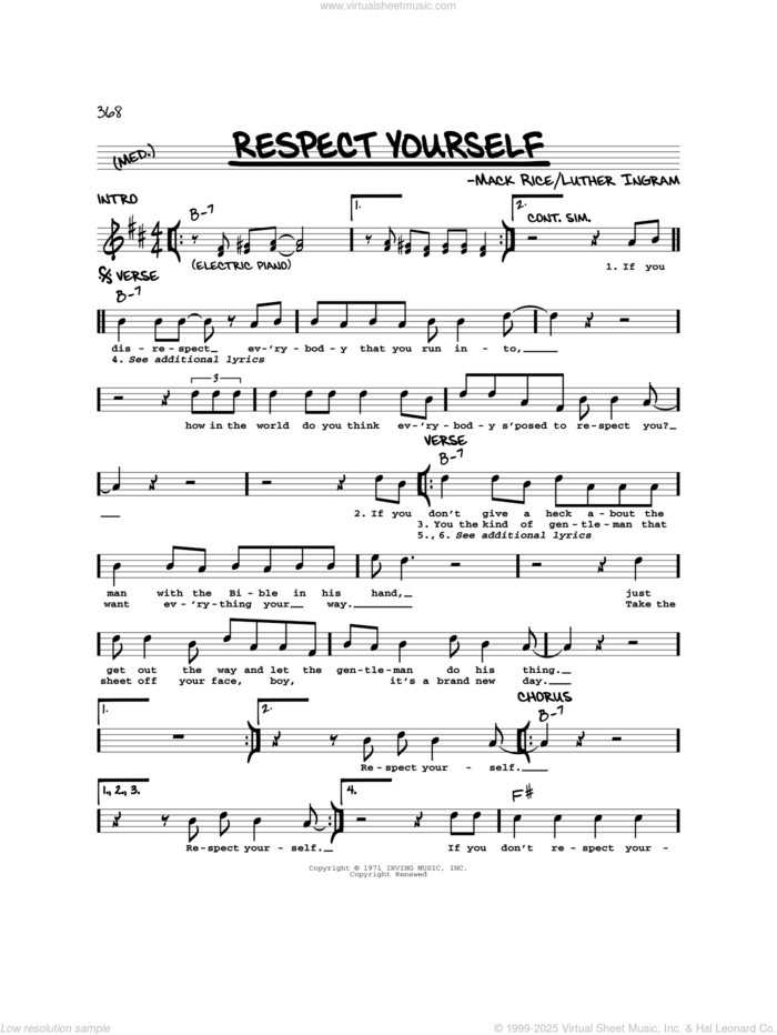 Respect Yourself sheet music for voice and other instruments (real book) by The Staple Singers, Luther Ingram and Mack Rice, intermediate skill level