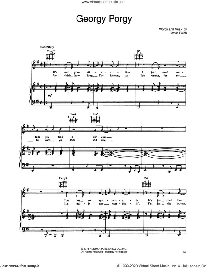 Georgy Porgy sheet music for voice, piano or guitar by Toto and David Paich, intermediate skill level