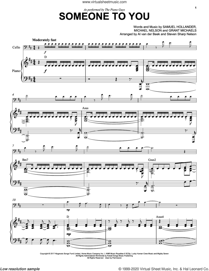 Someone To You sheet music for cello and piano by The Piano Guys, Al van der Beek, Steven Sharp Nelson, Grant Michaels, Michael Nelson and Sam Hollander, intermediate skill level