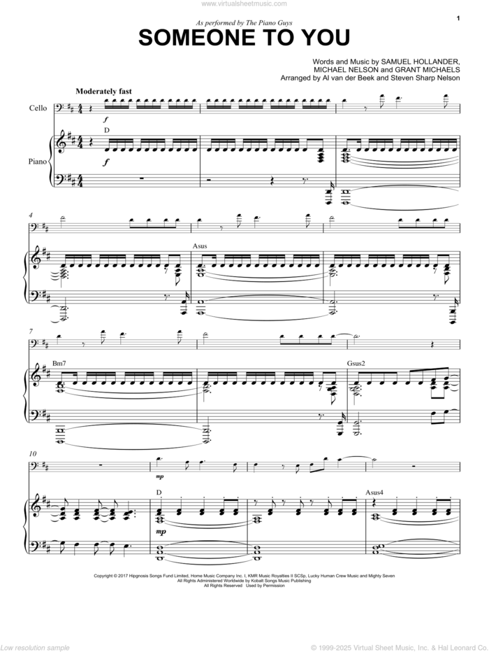 Someone To You sheet music for cello and piano by The Piano Guys, Al van der Beek, Steven Sharp Nelson, Grant Michaels, Michael Nelson and Sam Hollander, intermediate skill level