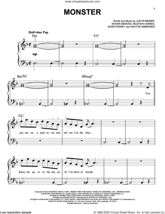 Monster sheet music for piano solo by Shawn Mendes & Justin Bieber, Adam Feeney, Ashton Simmonds, Justin Bieber, Mustafa Ahmed and Shawn Mendes, easy skill level