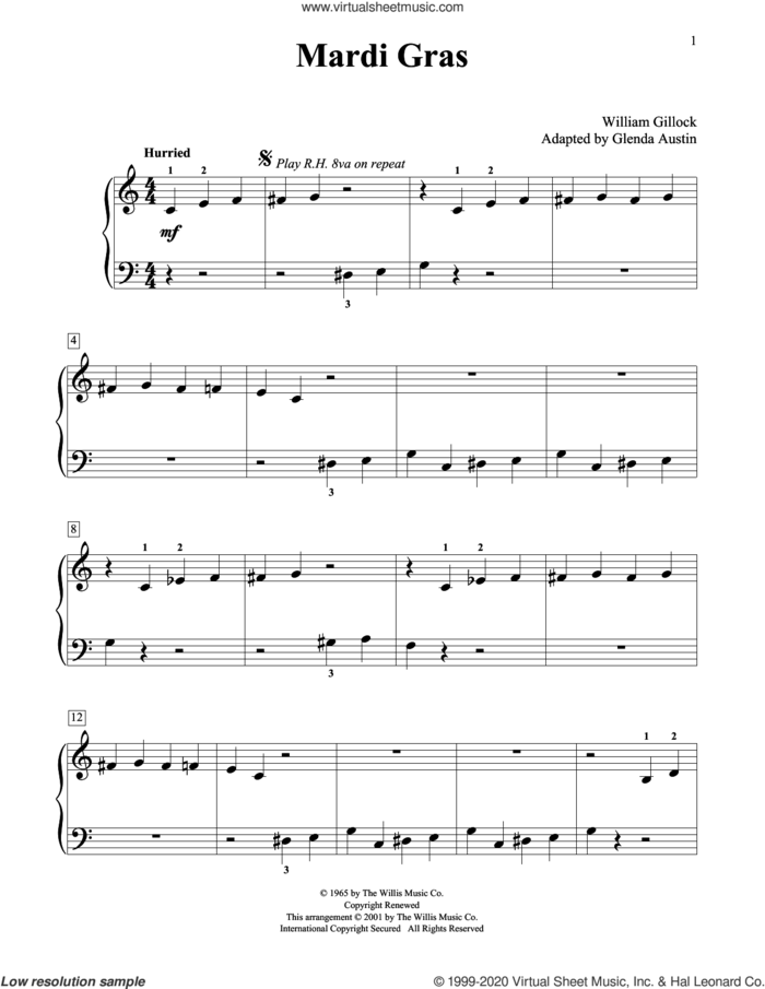 Mardi Gras (Simplified) (adapted by Glenda Austin) sheet music for piano solo (elementary) by William Gillock and Glenda Austin, beginner piano (elementary)