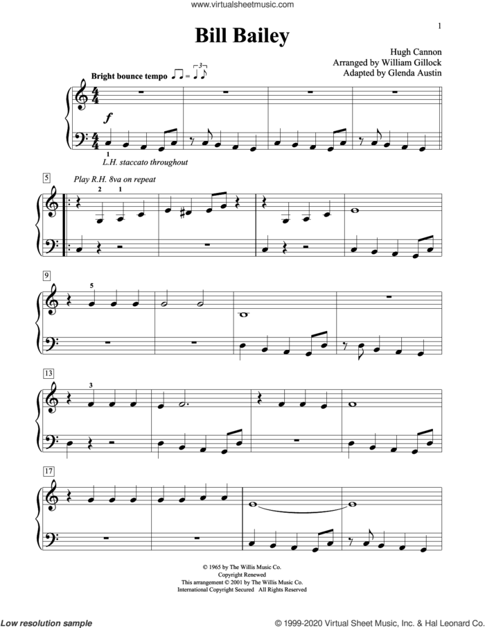 Bill Bailey (Simplified) (adapted by Glenda Austin) sheet music for piano solo (elementary) by Hughie Cannon, William Gillock and Glenda Austin, beginner piano (elementary)