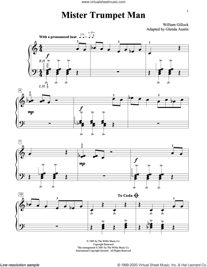 Mister Trumpet Man (Simplified) (adapted by Glenda Austin) sheet music for piano solo (elementary) by William Gillock and Glenda Austin, beginner piano (elementary)