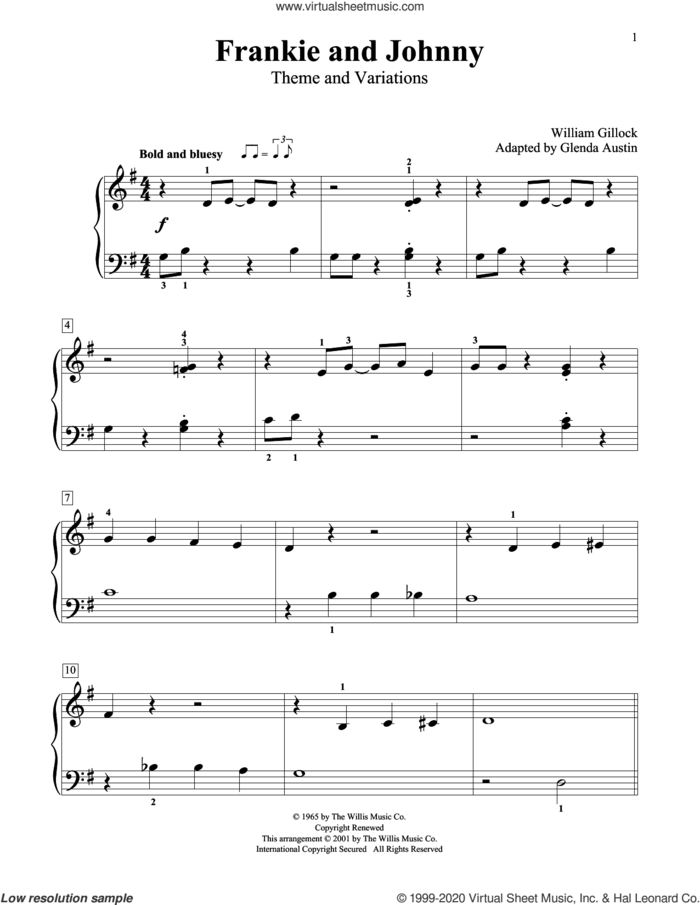 Frankie And Johnny (Theme And Variations) (Simplified) (adapted by Glenda Austin) sheet music for piano solo (elementary) by Anonymous, William Gillock and Glenda Austin, beginner piano (elementary)