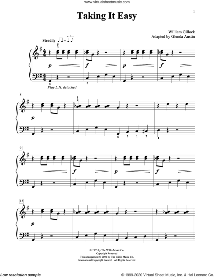 Taking It Easy (Simplified) (adapted by Glenda Austin) sheet music for piano solo (elementary) by William Gillock and Glenda Austin, beginner piano (elementary)