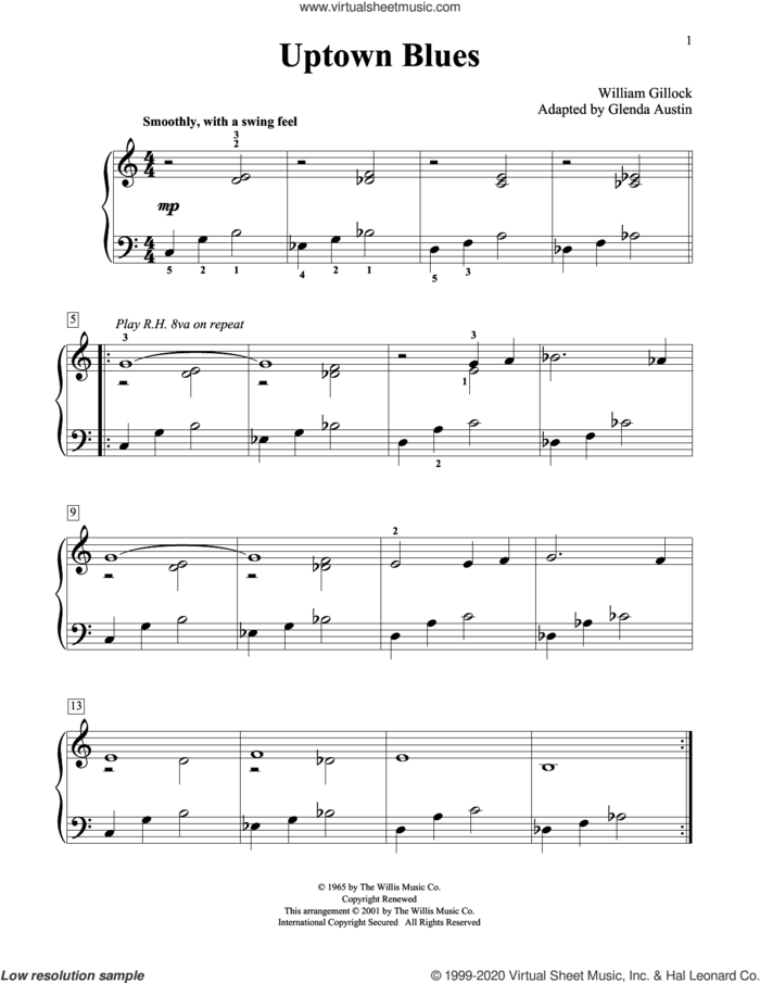 Uptown Blues (Simplified) (adapted by Glenda Austin) sheet music for piano solo (elementary) by William Gillock and Glenda Austin, beginner piano (elementary)