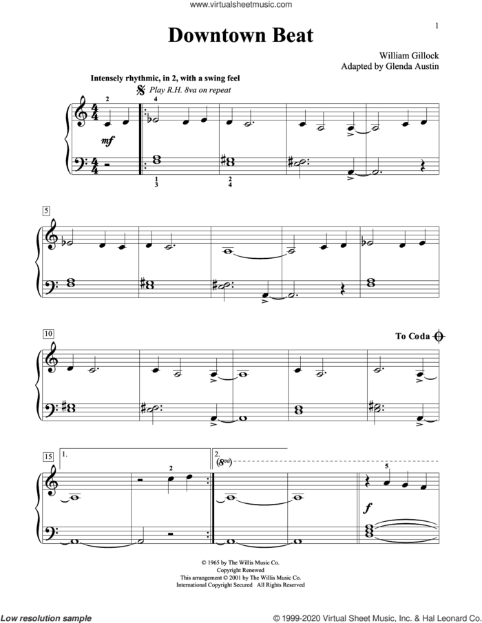 Downtown Beat (Simplified) (adapted by Glenda Austin) sheet music for piano solo (elementary) by William Gillock and Glenda Austin, beginner piano (elementary)