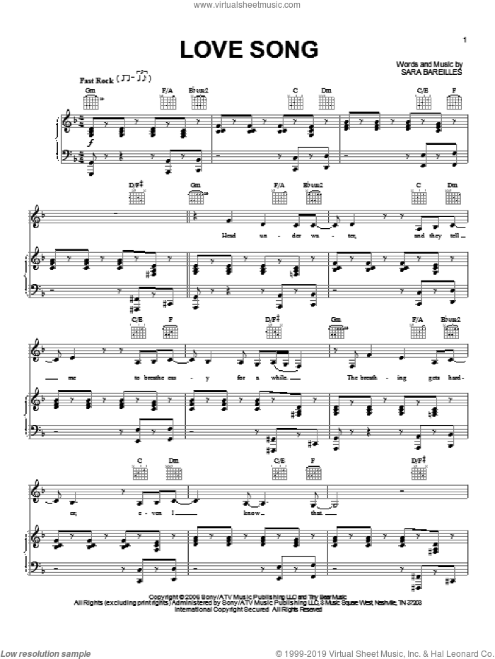 Love Song sheet music for voice, piano or guitar by Sara Bareilles, intermediate skill level