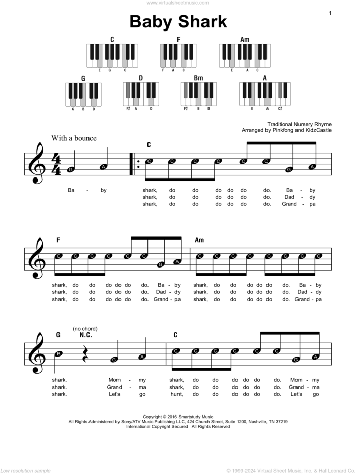 Baby Shark sheet music for piano solo by Pinkfong, Kim Min-soek (arr.) and Traditional Nursery Rhyme, beginner skill level