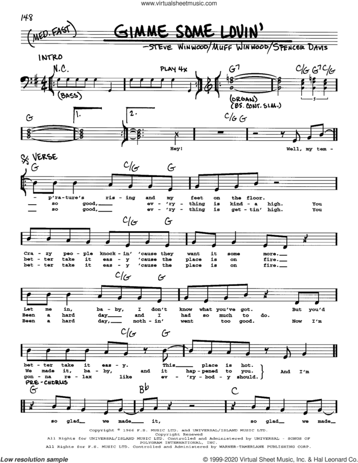 Gimme Some Lovin' sheet music for voice and other instruments (real book) by The Spencer Davis Group, Muff Winwood, Spencer Davis and Steve Winwood, intermediate skill level