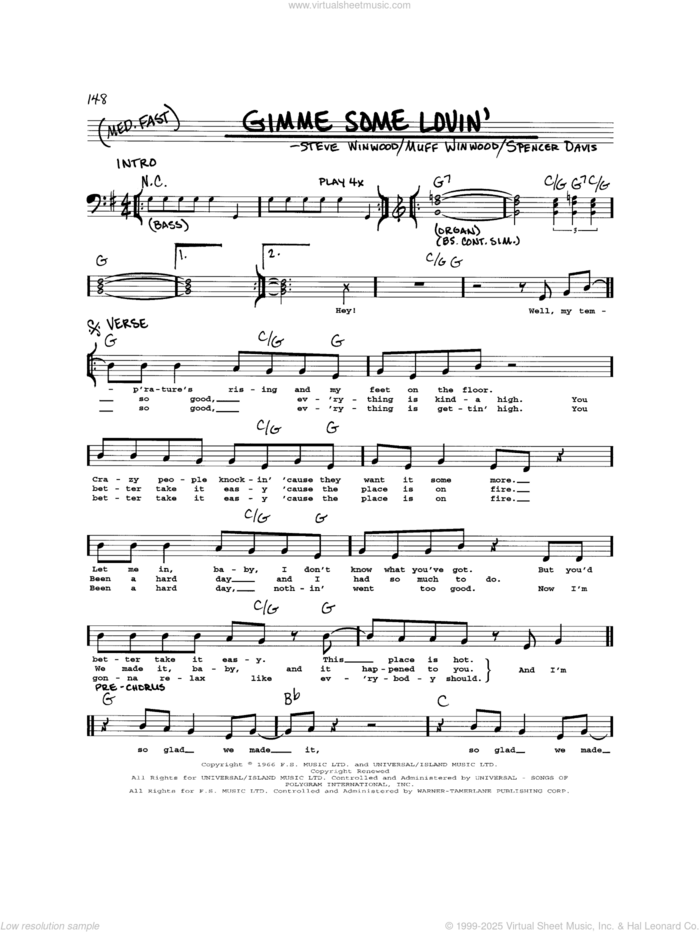 Gimme Some Lovin' sheet music for voice and other instruments (real book) by The Spencer Davis Group, Muff Winwood, Spencer Davis and Steve Winwood, intermediate skill level