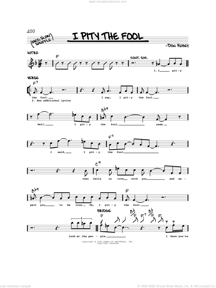 I Pity The Fool sheet music for voice and other instruments (real book) by Bobby 'Blue' Bland, Bobby Bland, Deadric Malone and Don Robey, intermediate skill level