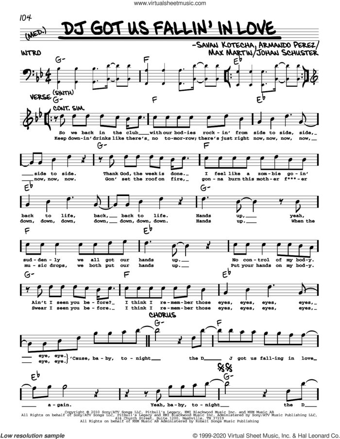 DJ Got Us Fallin' In Love sheet music for voice and other instruments (real book) by Usher featuring Pitbull, Armando Perez, Johan Schuster, Max Martin and Savan Kotecha, intermediate skill level