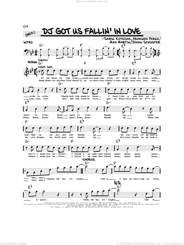 DJ Got Us Fallin' In Love sheet music for voice and other instruments (real book) by Usher featuring Pitbull, Armando Perez, Johan Schuster, Max Martin and Savan Kotecha, intermediate skill level