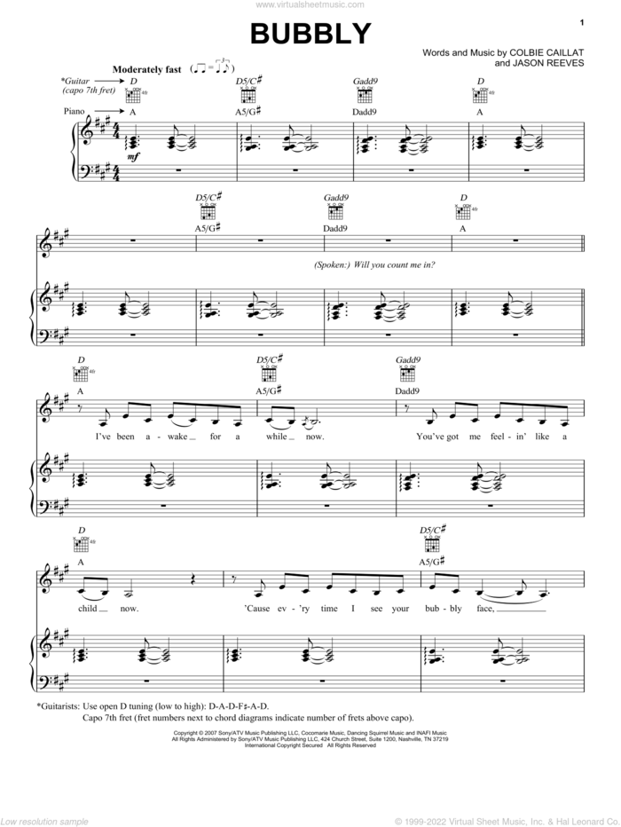 Bubbly sheet music for voice, piano or guitar by Colbie Caillat and Jason Reeves, intermediate skill level