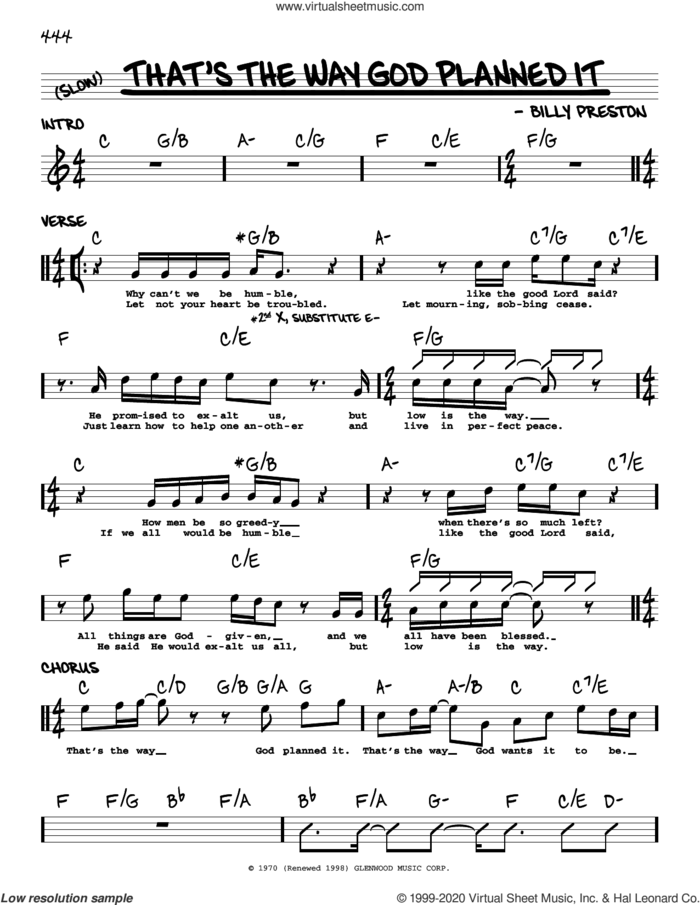 That's The Way God Planned It sheet music for voice and other instruments (real book) by Billy Preston, intermediate skill level