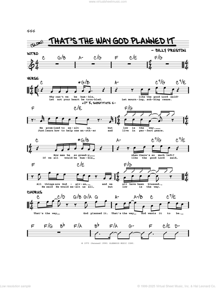 That's The Way God Planned It sheet music for voice and other instruments (real book) by Billy Preston, intermediate skill level