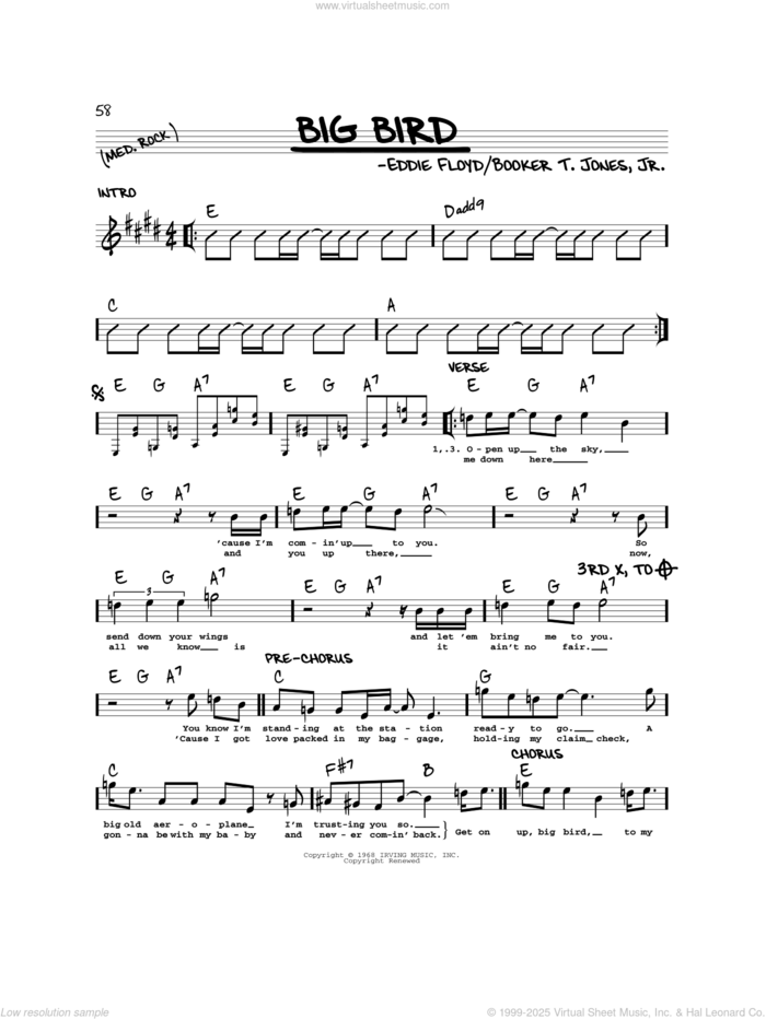 Big Bird sheet music for voice and other instruments (real book) by Booker T. Jones, Jr. and Eddie Floyd, intermediate skill level