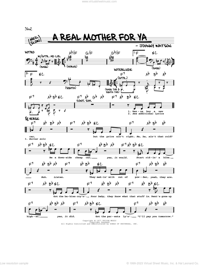 A Real Mother For Ya sheet music for voice and other instruments (real book) by Johnny 'Guitar' Watson and Johnny Watson, intermediate skill level