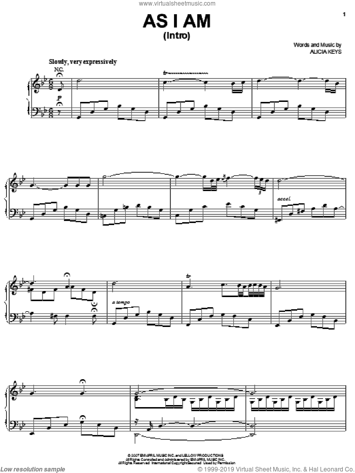 As I Am (Intro) sheet music for voice, piano or guitar by Alicia Keys, intermediate skill level