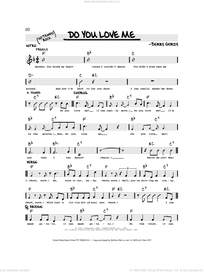 Do You Love Me sheet music for voice and other instruments (real book) by Berry Gordy Jr., The Contours and The Dave Clark Five, intermediate skill level