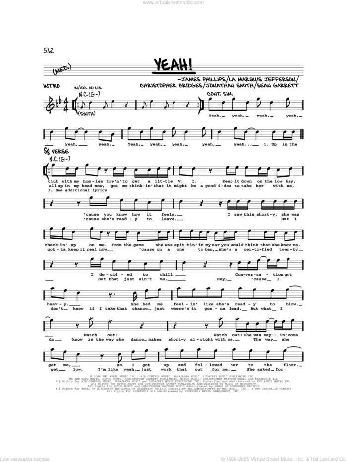 Yeah! sheet music for voice and other instruments (real book) by Usher featuring Lil Jon & Ludacris, Christopher Bridges, James Phillips, Jonathan Smith, La Marquis Jefferson, Laurence Smith and Sean Garrett, intermediate skill level