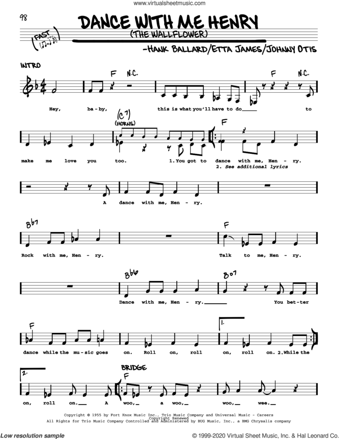 Dance With Me Henry (The Wallflower) sheet music for voice and other instruments (real book) by Georgia Gibbs, Etta James, Hank Ballard and Johnny Otis, intermediate skill level