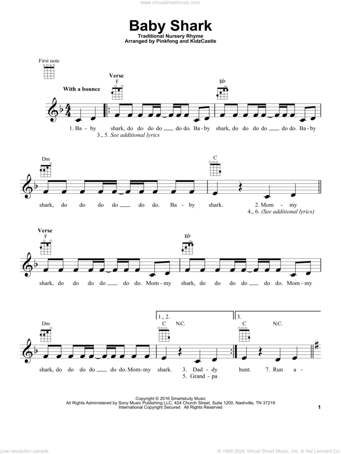 Baby Shark sheet music for ukulele by Pinkfong, Kim Min-soek and Traditional Nursery Rhyme, intermediate skill level
