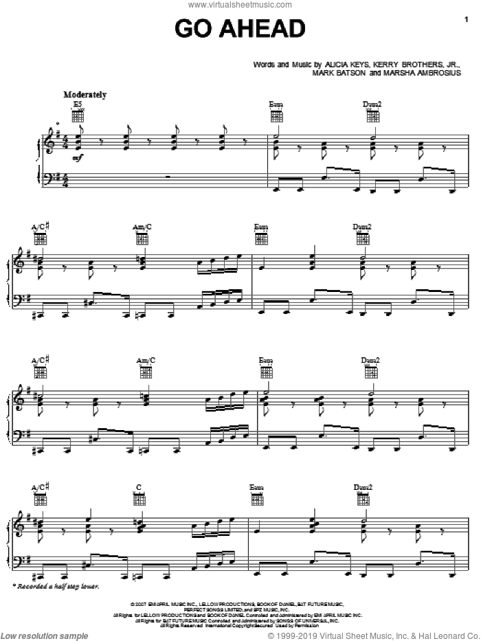 Go Ahead sheet music for voice, piano or guitar by Alicia Keys, Kerry Brothers, Mark Batson and Marsha Ambrosius, intermediate skill level