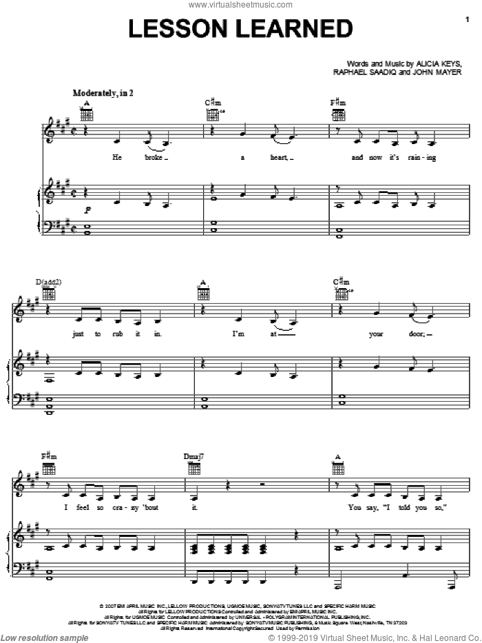 Lesson Learned sheet music for voice, piano or guitar by Alicia Keys, John Mayer and Raphael Saadiq, intermediate skill level
